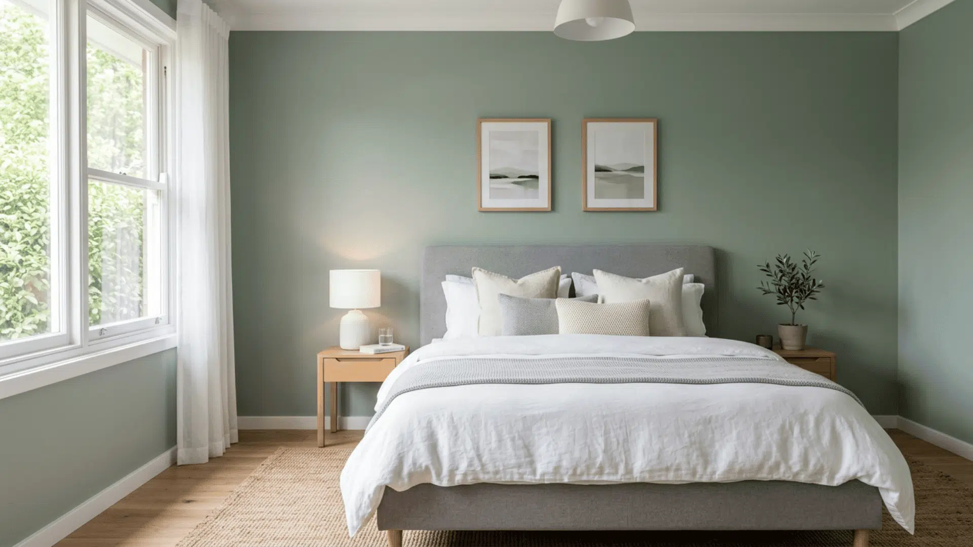 Sage green and gray bedroom with a padded soft gray bed, white bedding, and soft daylight.
