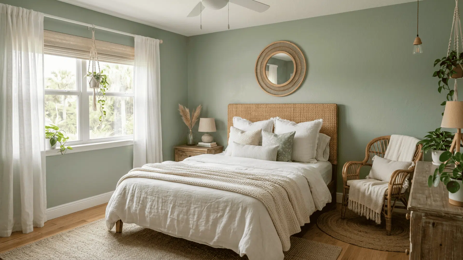 Sage green bedroom with a rattan headboard, woven chair, plants, and soft neutral bedding.