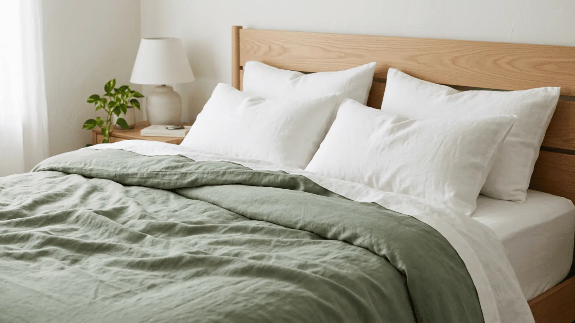 Close view of sage green linen bedding, white pillows, and a light natural wood headboard.
