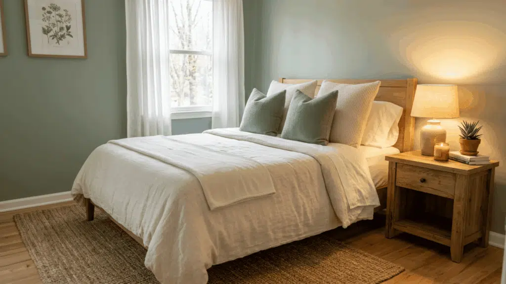 Calm sage green bedroom with white linens, wood furniture, and soft warm bedside lighting.