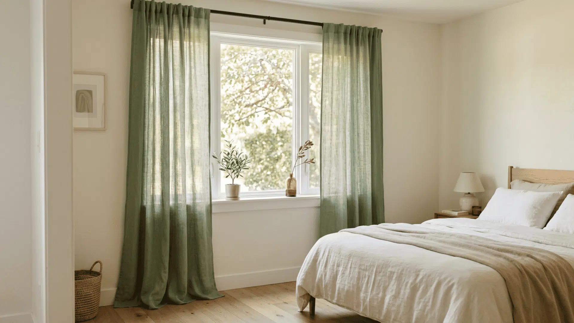 Neutral bedroom with sage green curtains, white bedding, and light natural wood furniture.