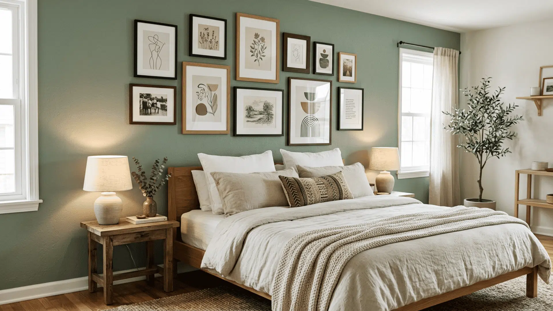 Sage green gallery wall bedroom with varied framed art, wood furniture, and white bedding.