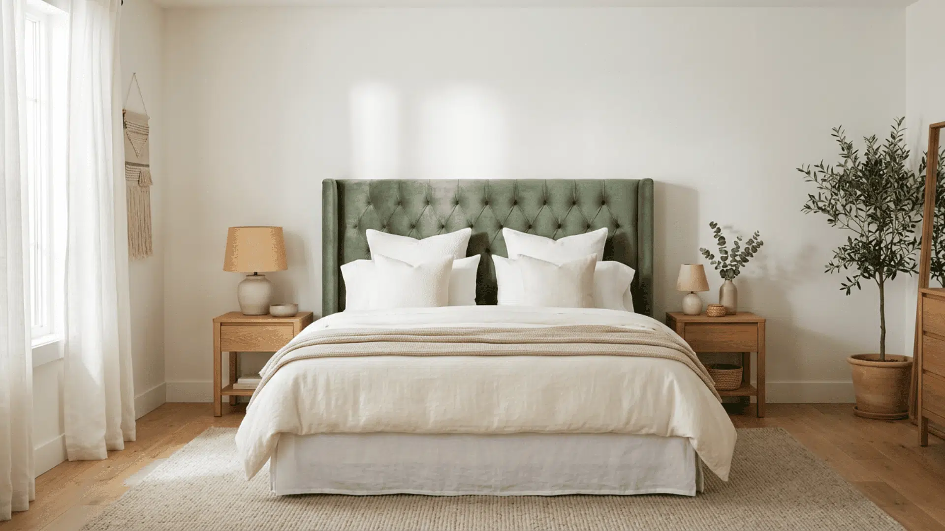 Minimal bedroom with a sage green tufted headboard, white bedding, and wooden nightstands.
