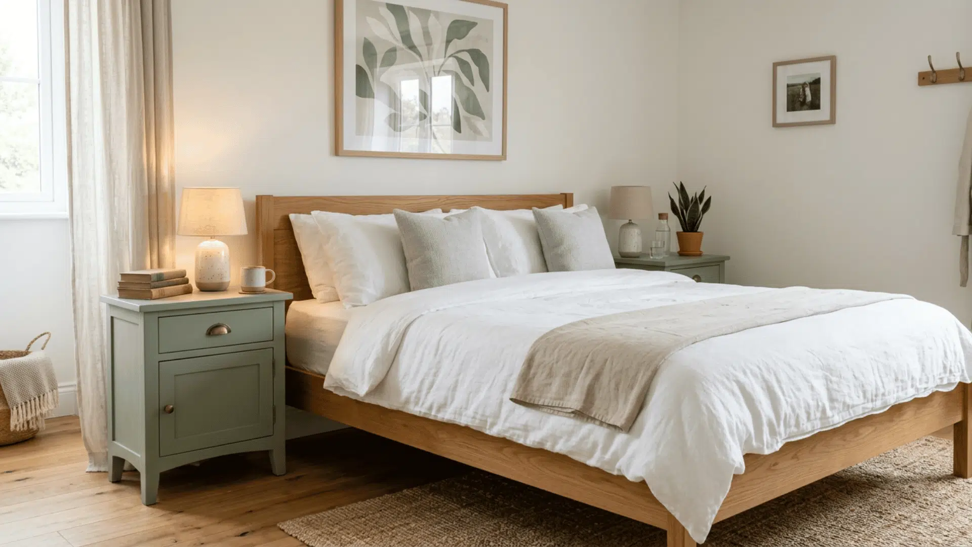 Bright bedroom with sage green nightstands, white bedding, and a natural wooden bed frame.