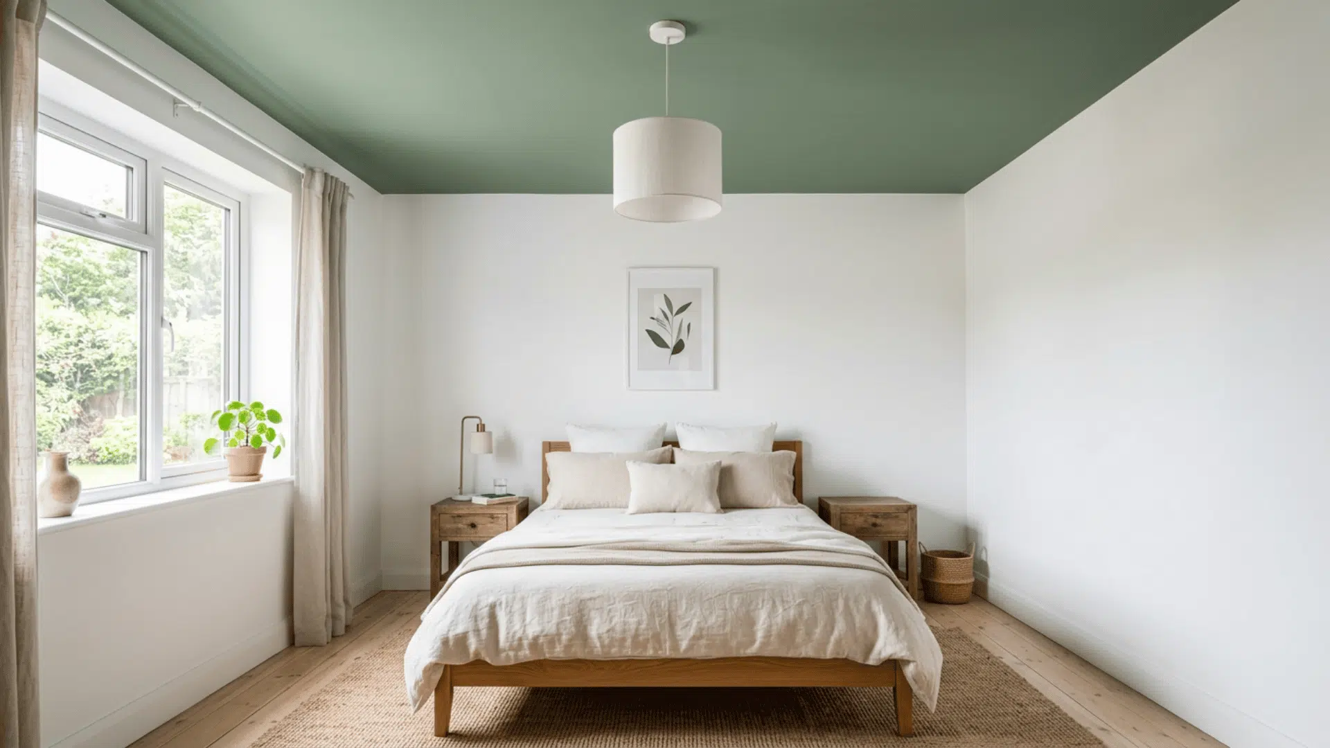 Bright bedroom with a sage green painted ceiling, neutral bedding, and rustic nightstands.