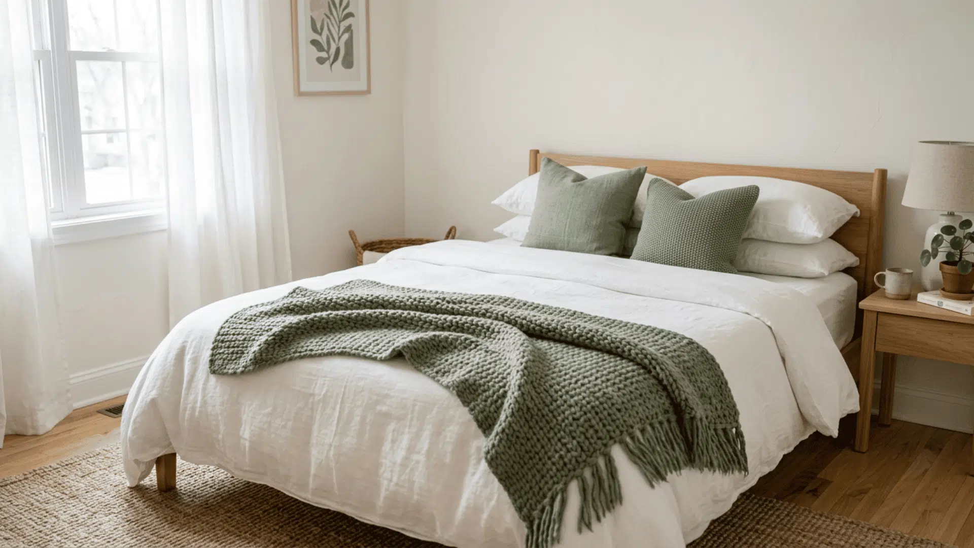 White bedroom styled with sage green knit pillows and a fringed throw laid across the bed.