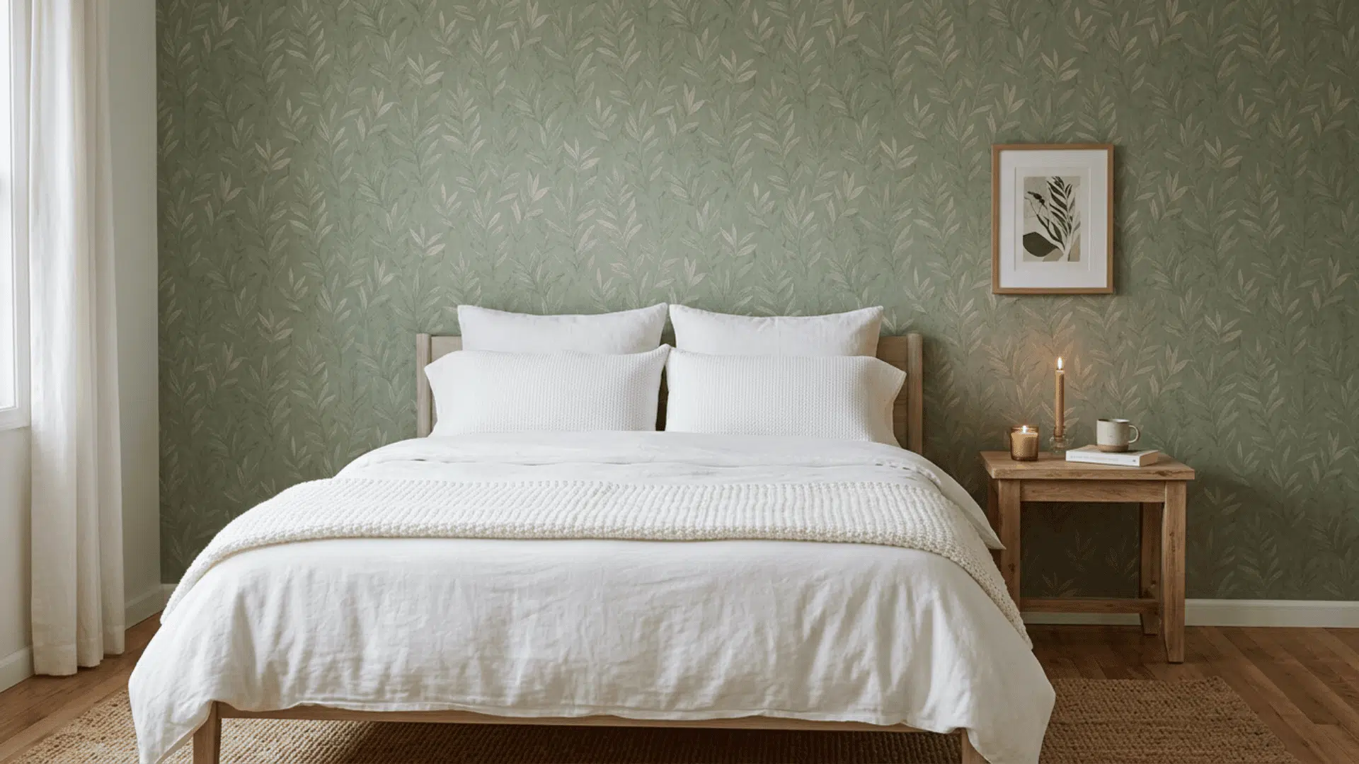 Sage botanical wallpaper behind a white bed with wood furniture and soft warm candlelight.