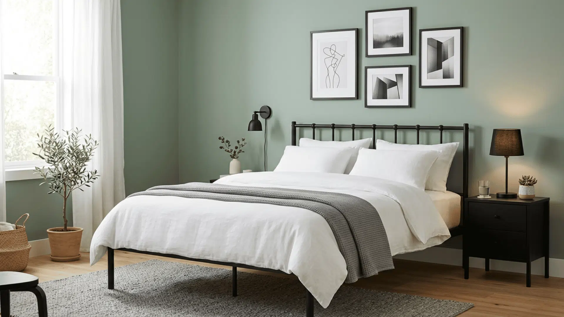 Sage green bedroom with a black metal bed, black nightstand, and dark monochrome wall art.