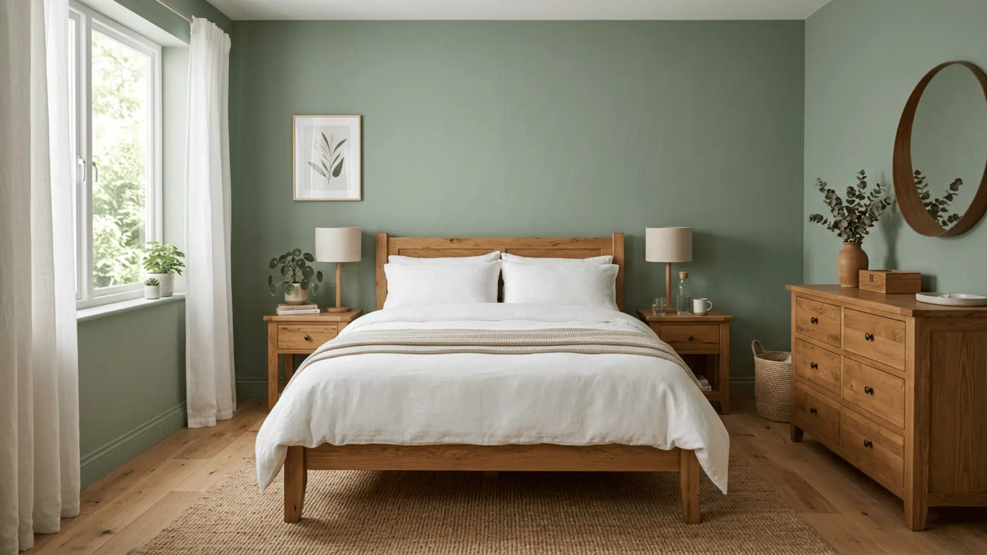 Sage green bedroom with a wood bed, matching nightstands, dresser, and crisp white linens.