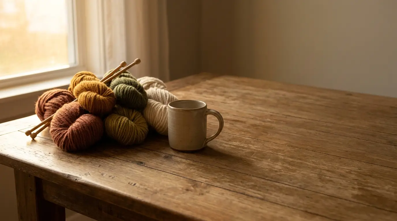 Yarn balls with knitting needles and ceramic mug on wooden table in cozy daylight setting