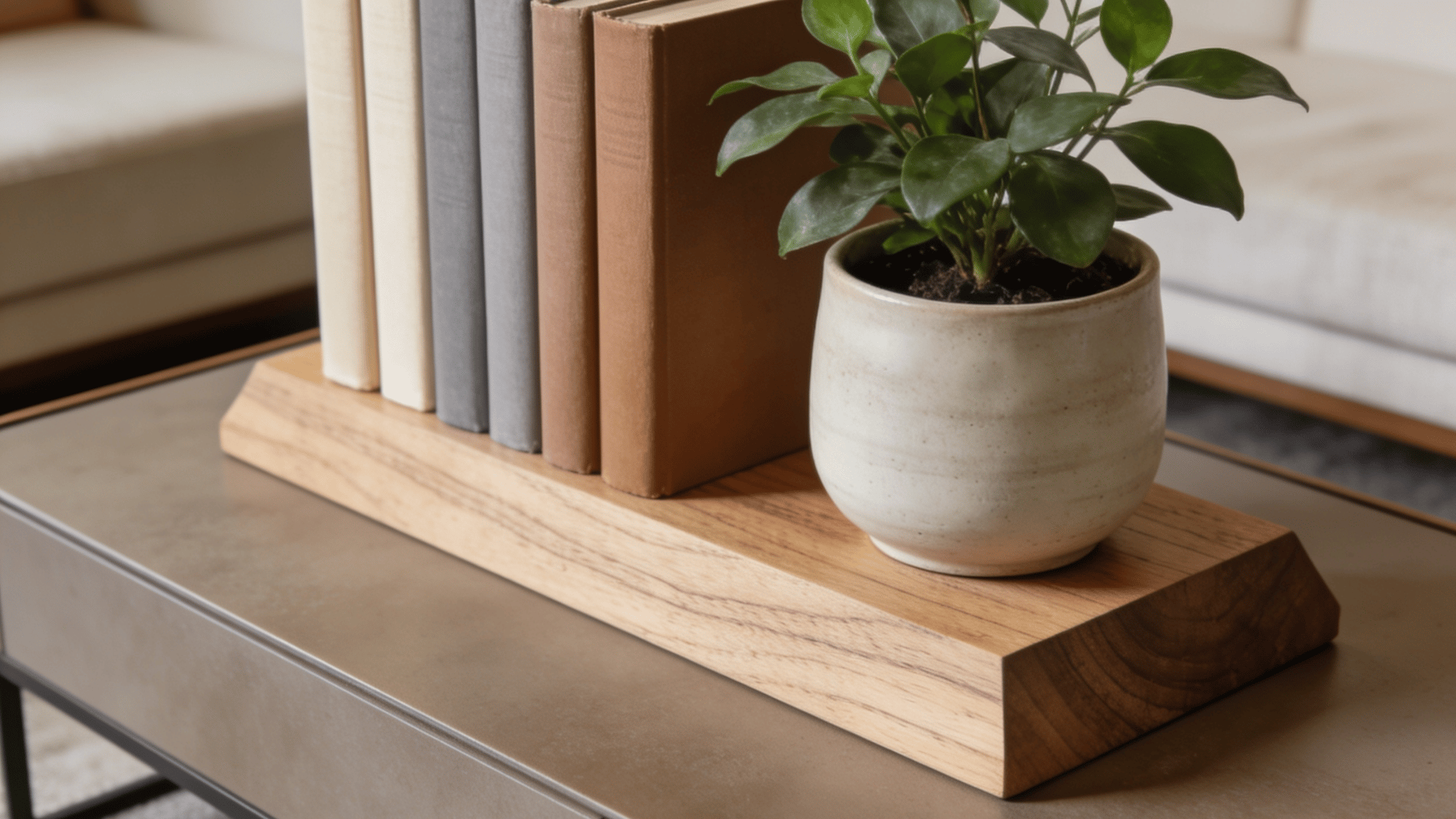 Small potted plant resting on stacked hardcover books