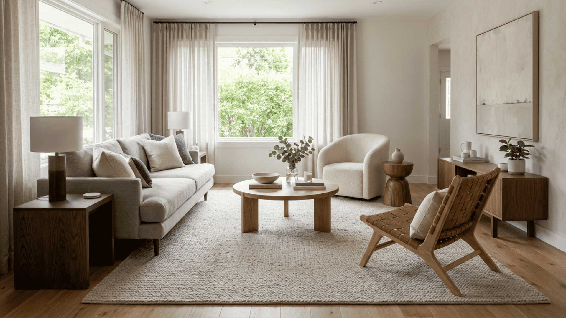 Conversation-friendly living room with sofa, chairs, rug, and round table