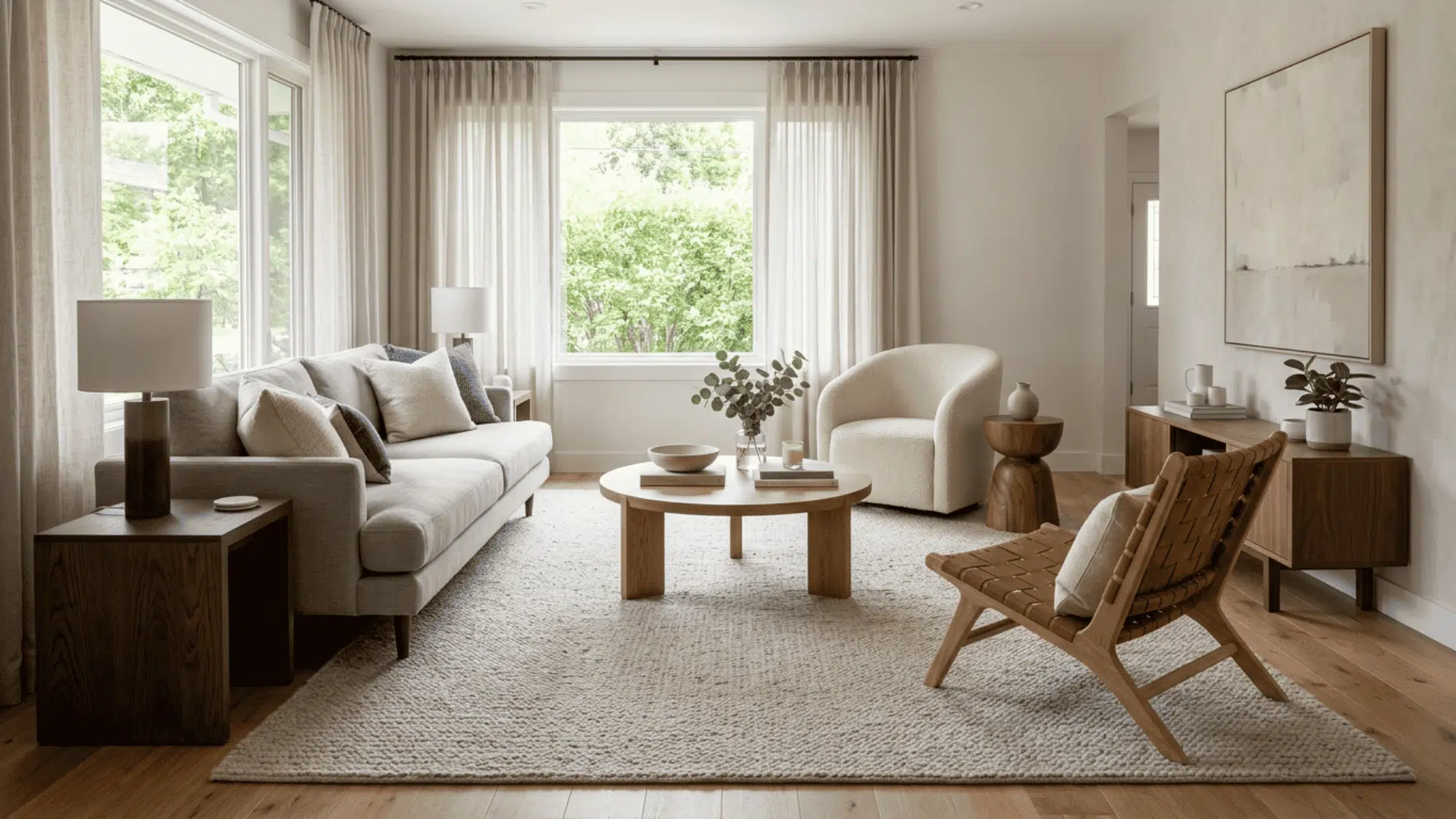 Conversation-friendly living room with sofa, chairs, rug, and round table
