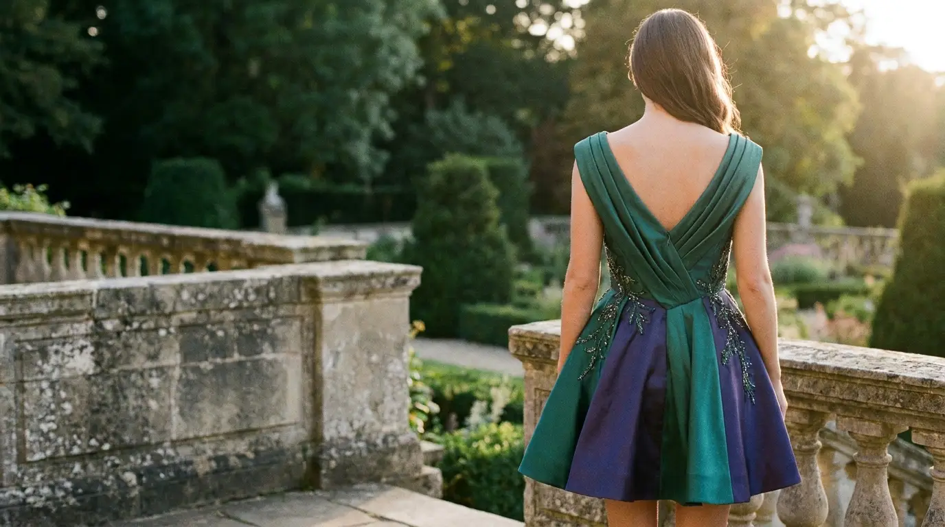 Woman in green dress standing on outdoor stone terrace during sunset
