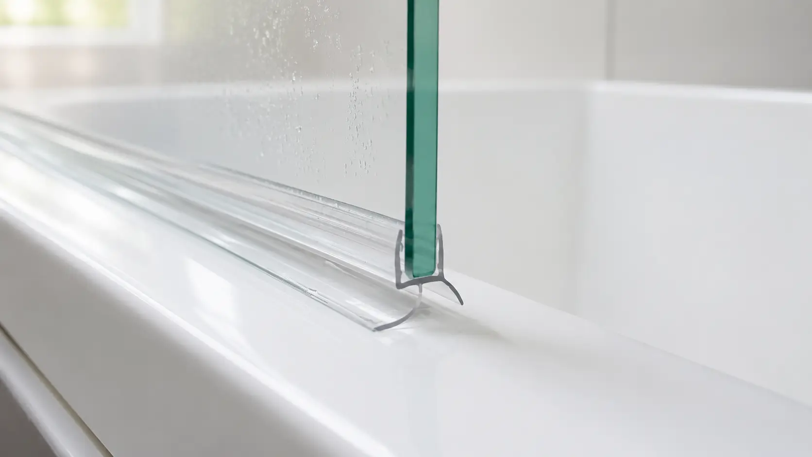 Close-up of a glass shower door seal on a white bathroom surface