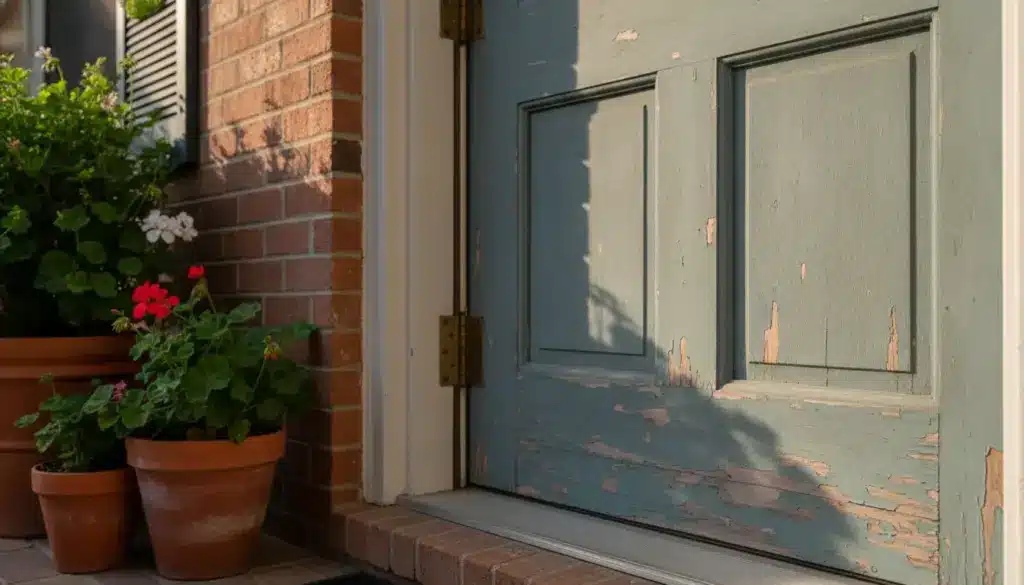 Weathered blue door with peeling paint beside brick wall and potted geraniums in sunlight