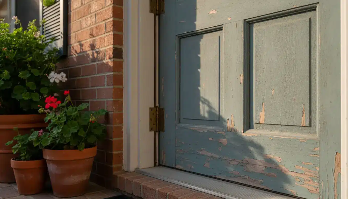 Weathered blue door with peeling paint beside brick wall and potted geraniums in sunlight