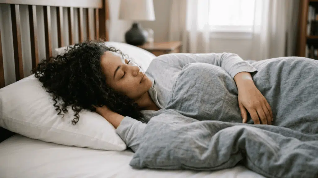 a women with dark curly hair sleeping on bed