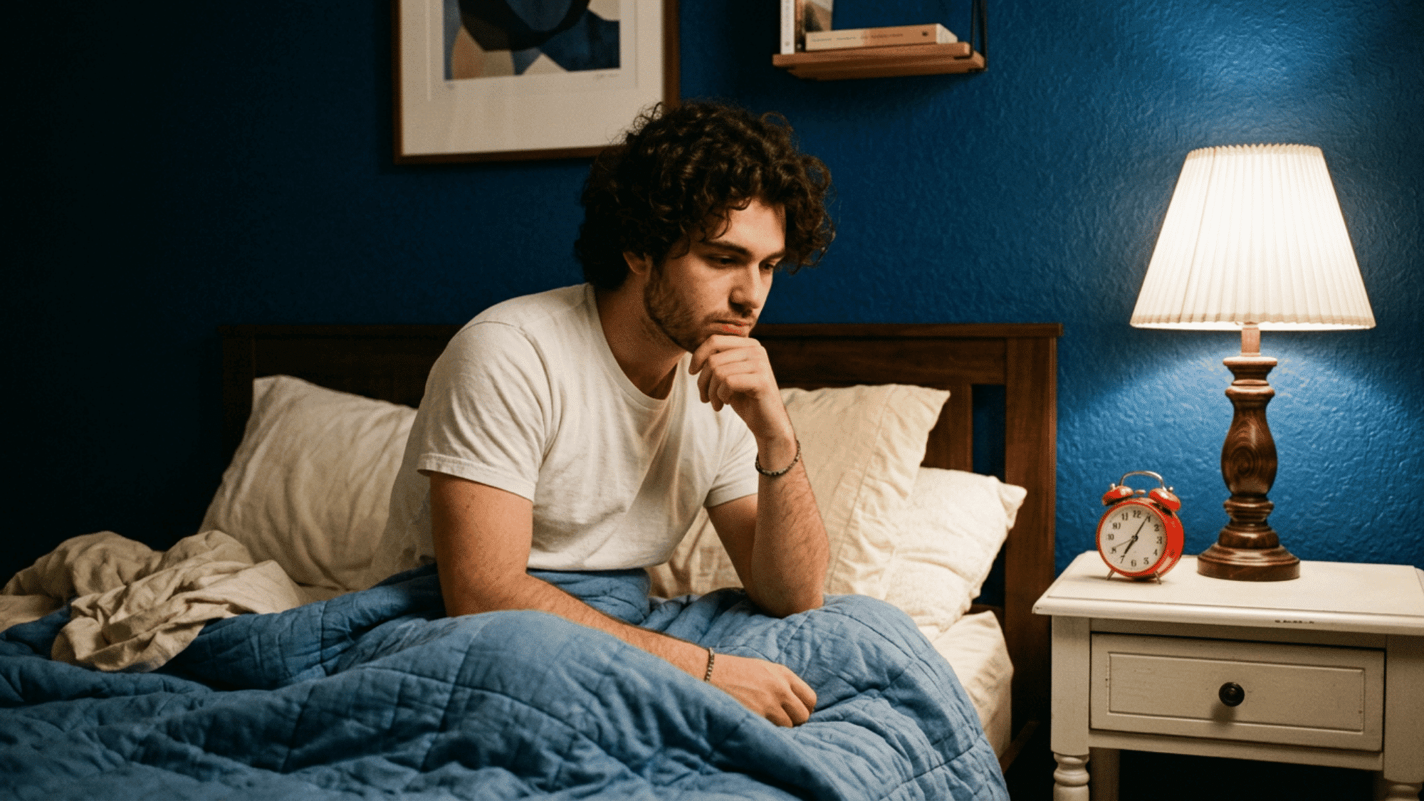 a boy with dark curly hair sitting on bed