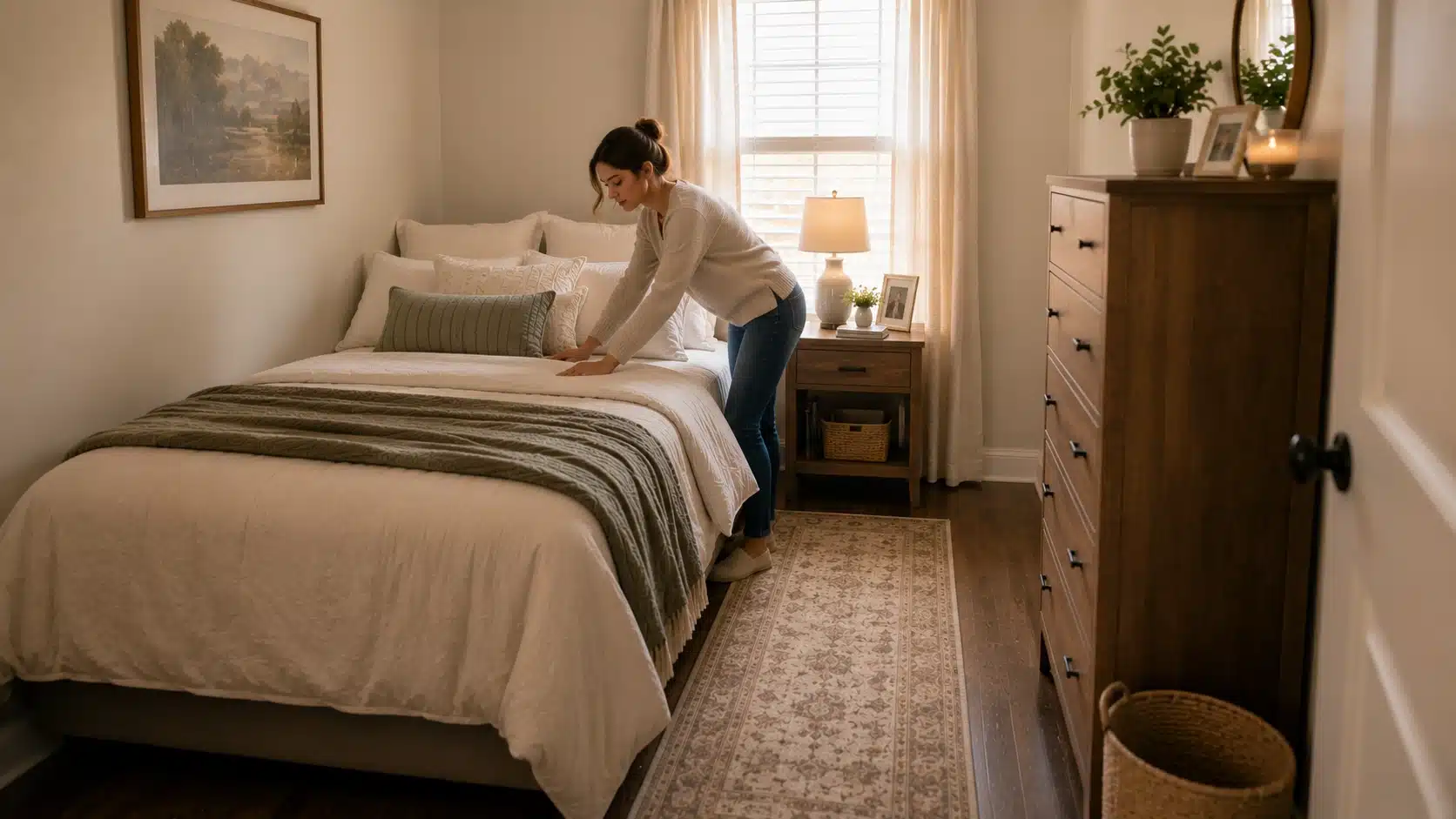 small bedroom with bed near one wall one nightstand slim dresser and open walking space