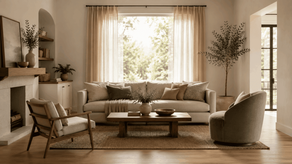 Bright neutral living room with balanced furniture, plants, and natural light.