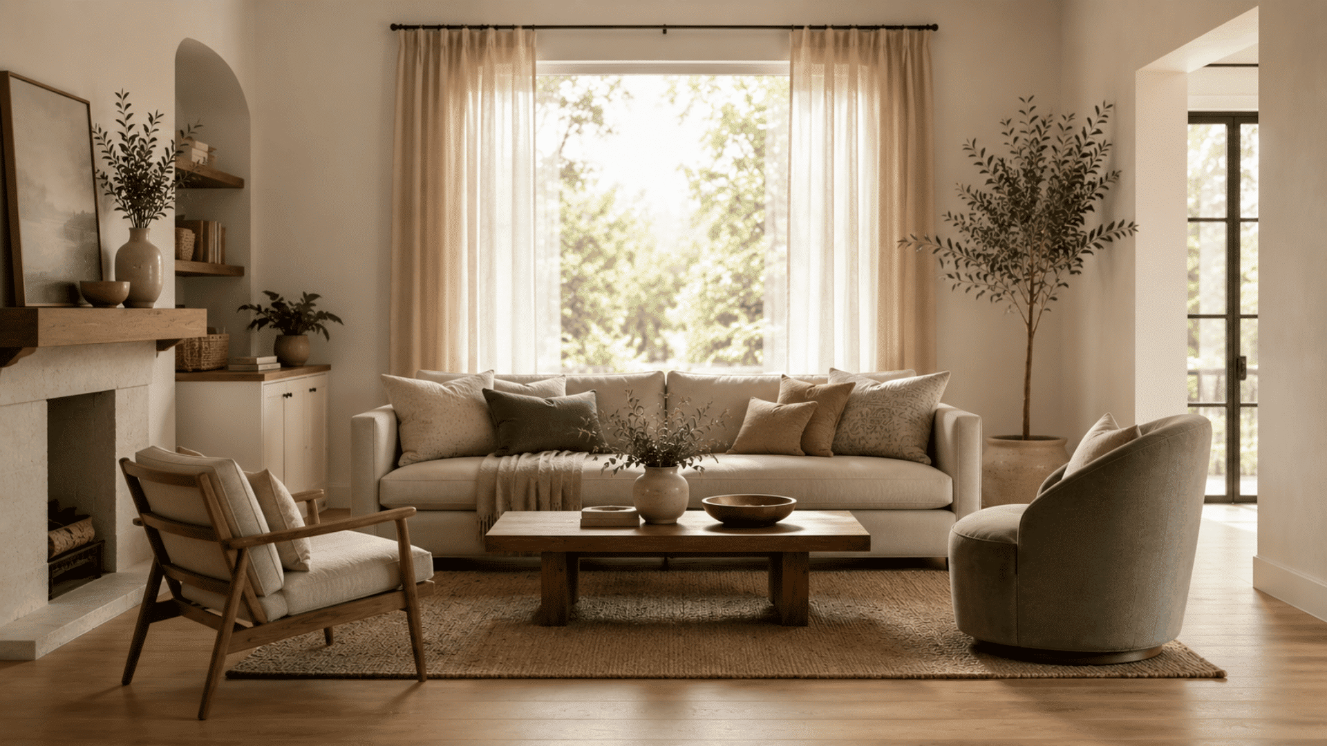 Bright neutral living room with balanced furniture, plants, and natural light.