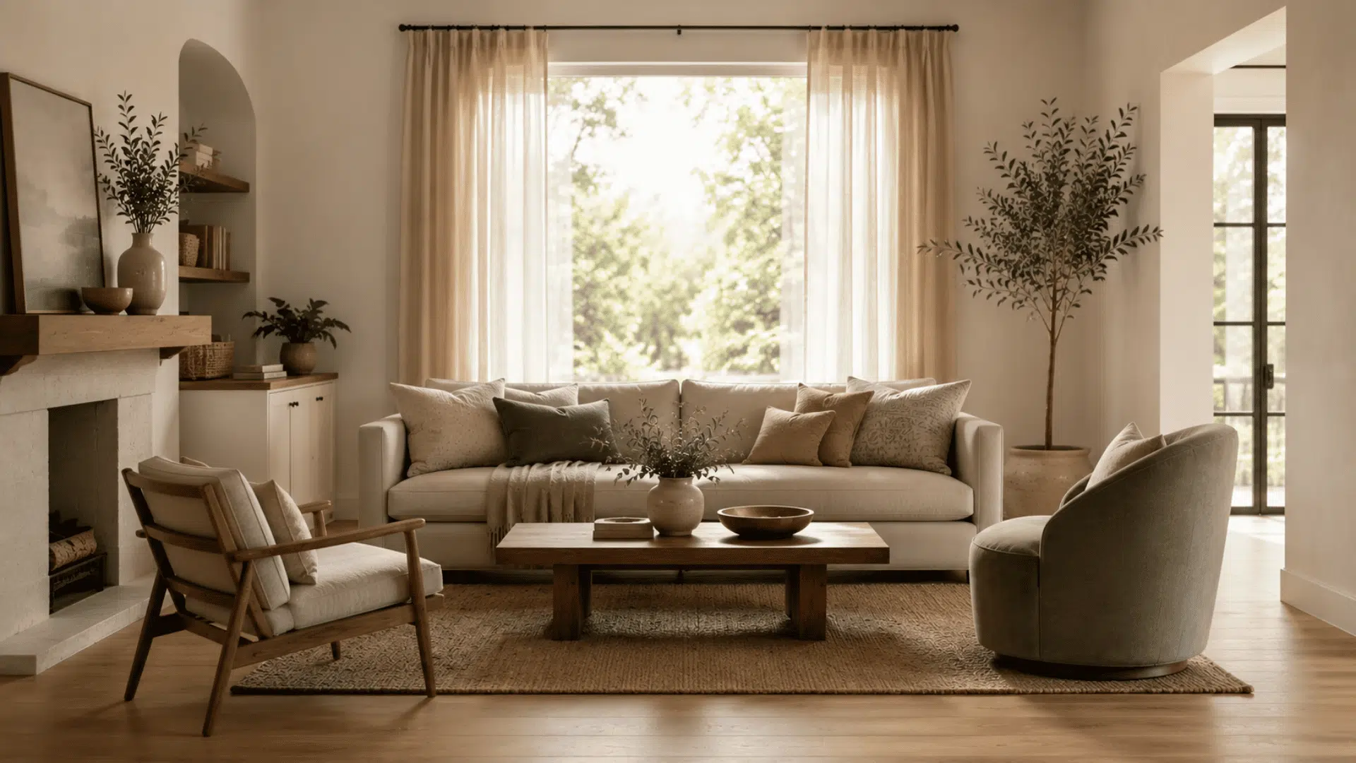 Bright neutral living room with balanced furniture, plants, and natural light.