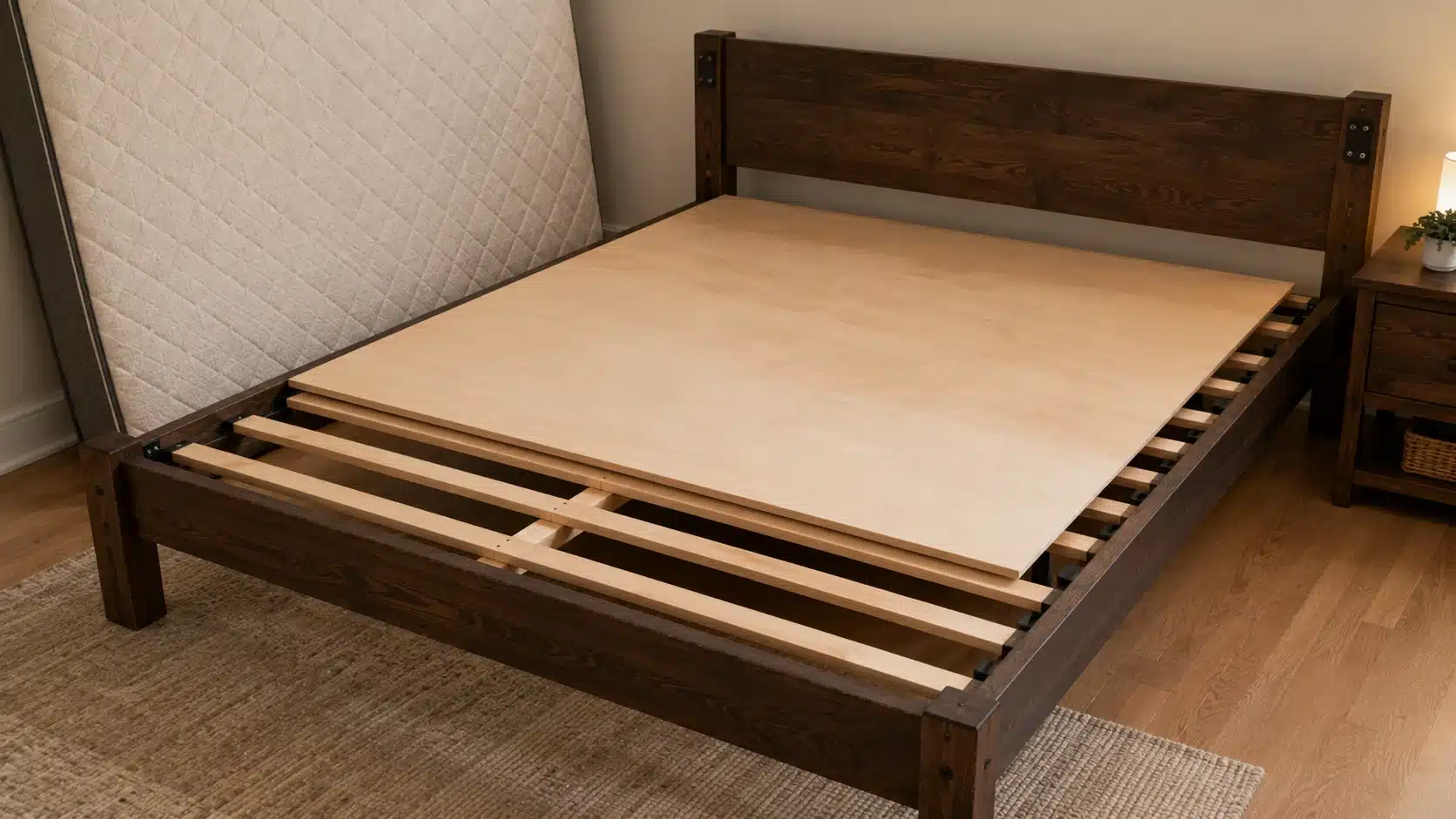 smooth bunkie board placed over flexible slats to steady mattress support and reduce noise