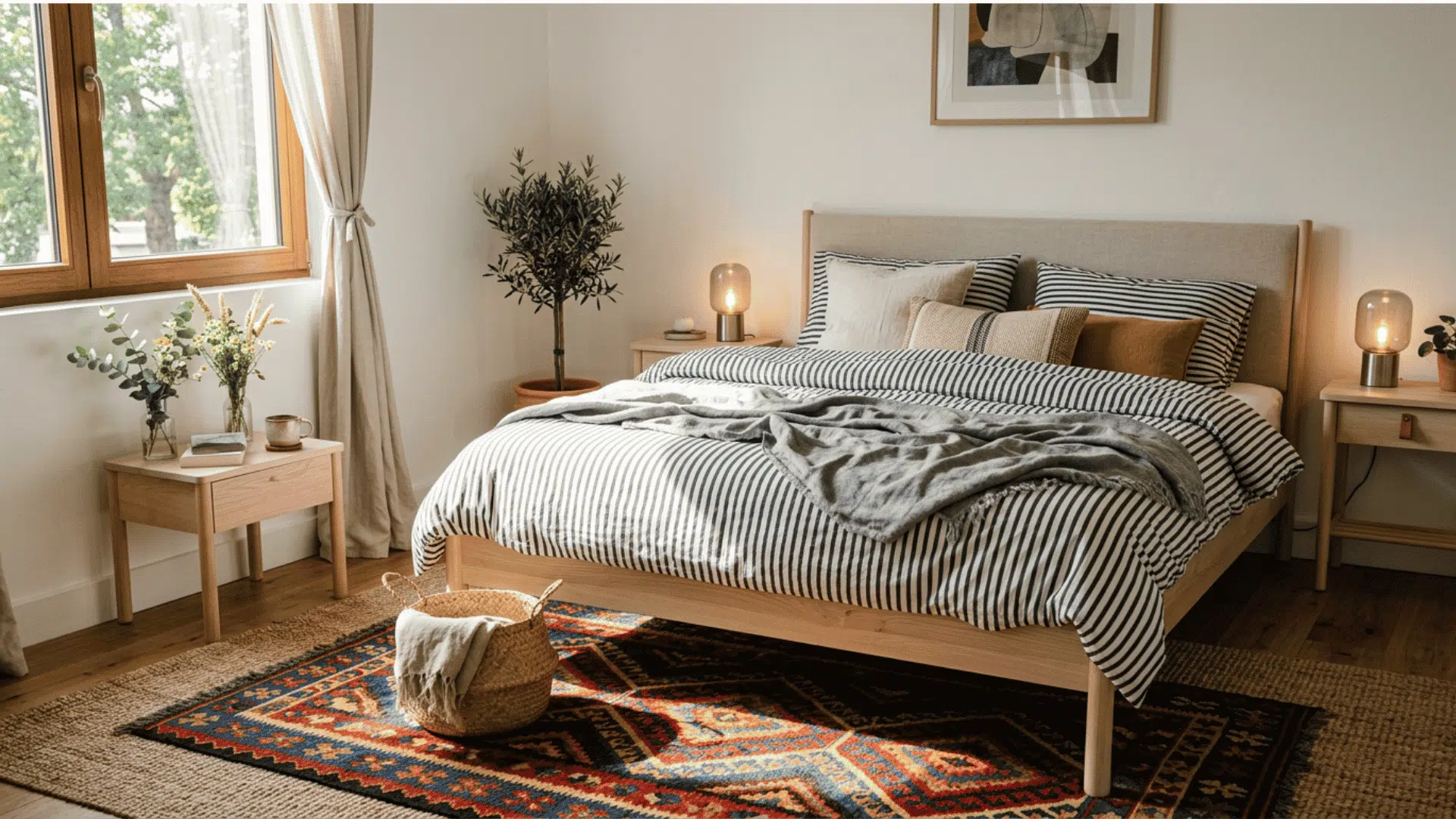 Soft vintage rug under a moody bedroom bed