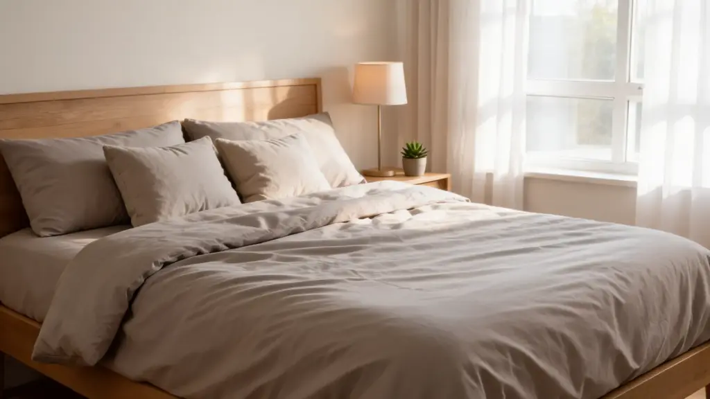 soft microfiber sheets on a neatly made bed in a cozy neutral bedroom