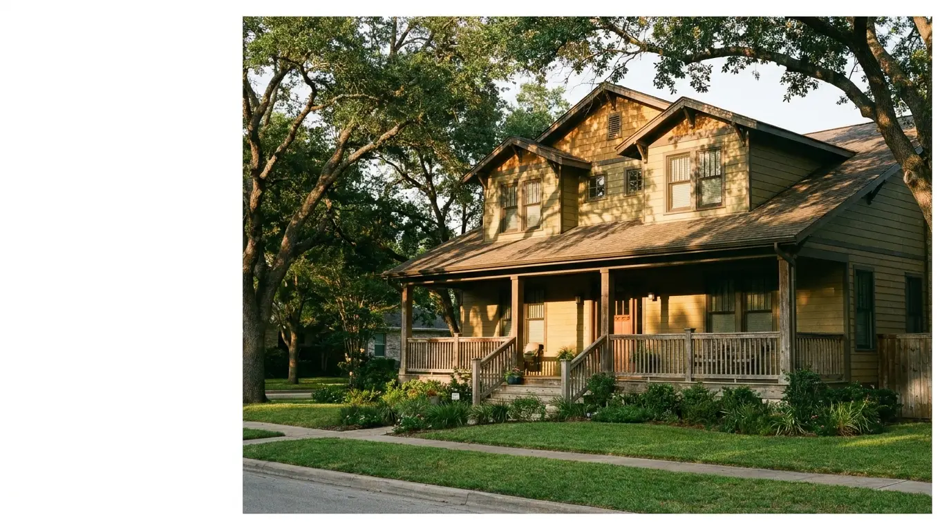 Two-story wooden house with front porch and lush garden in a suburban neighborhood