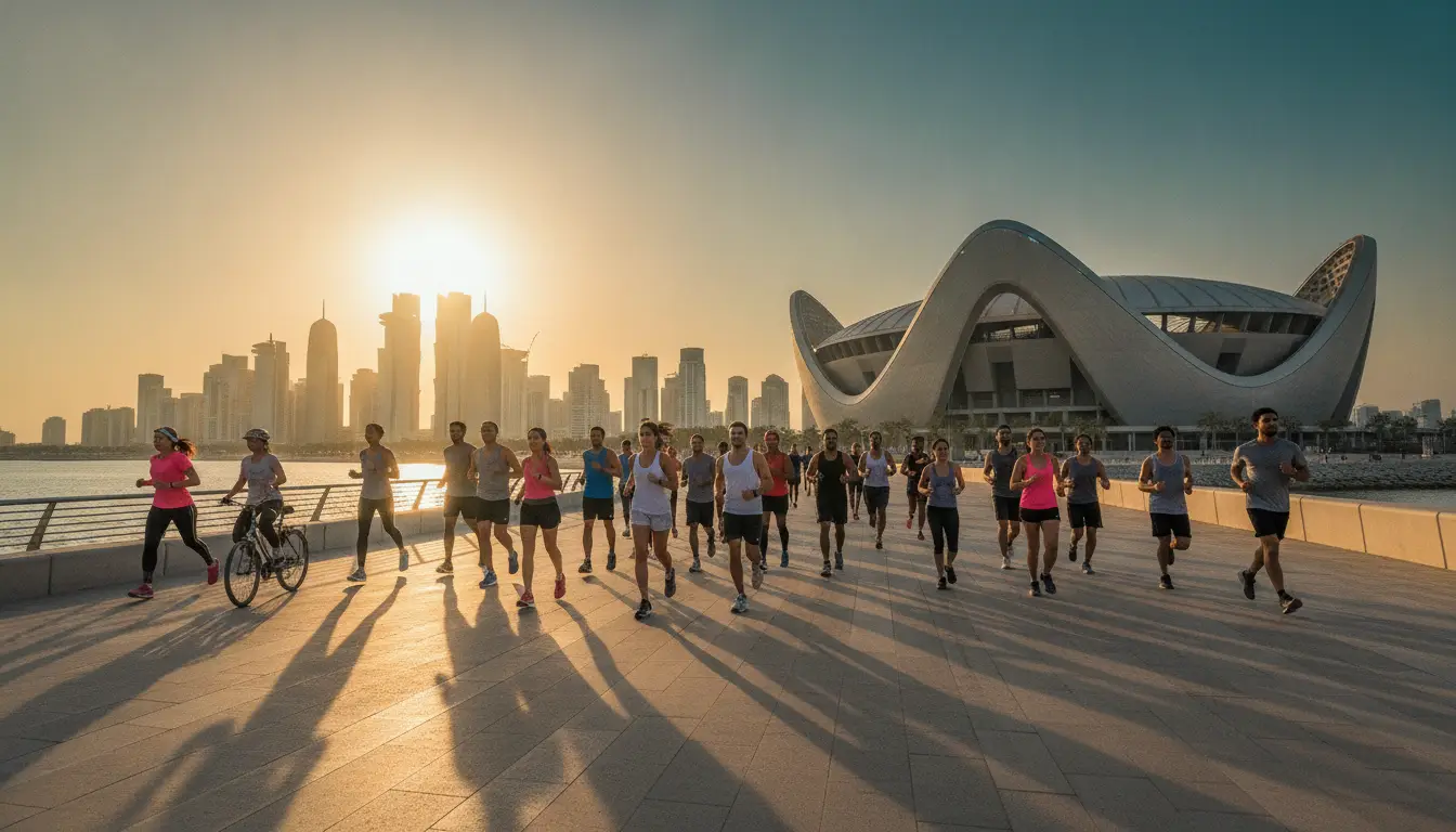 Group of runners and a cyclist on waterfront promenade with modern architecture and city skyline at sunrise