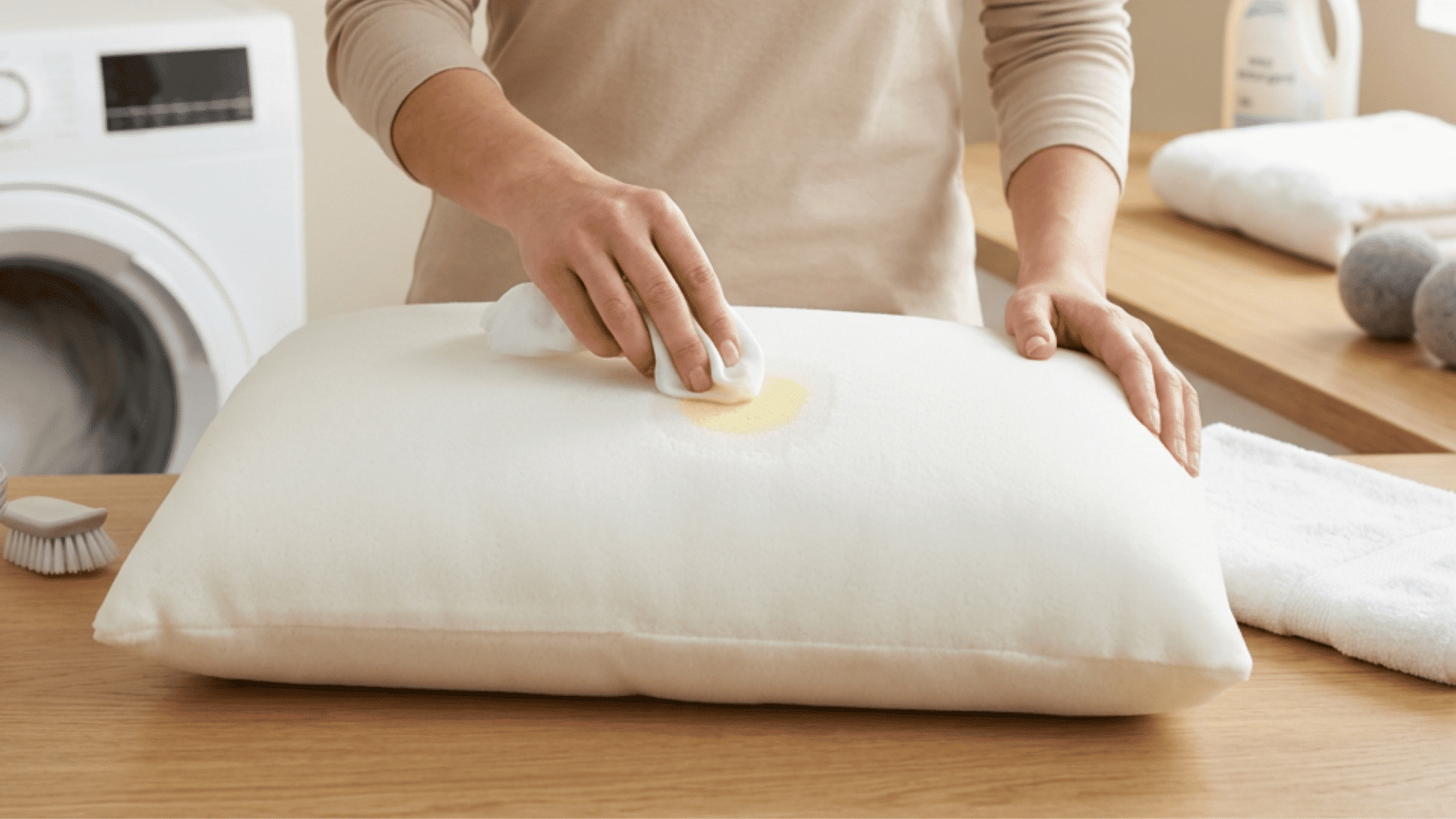 person spot-cleans a yellow stain on a foam pillow with a white cloth in the laundry room