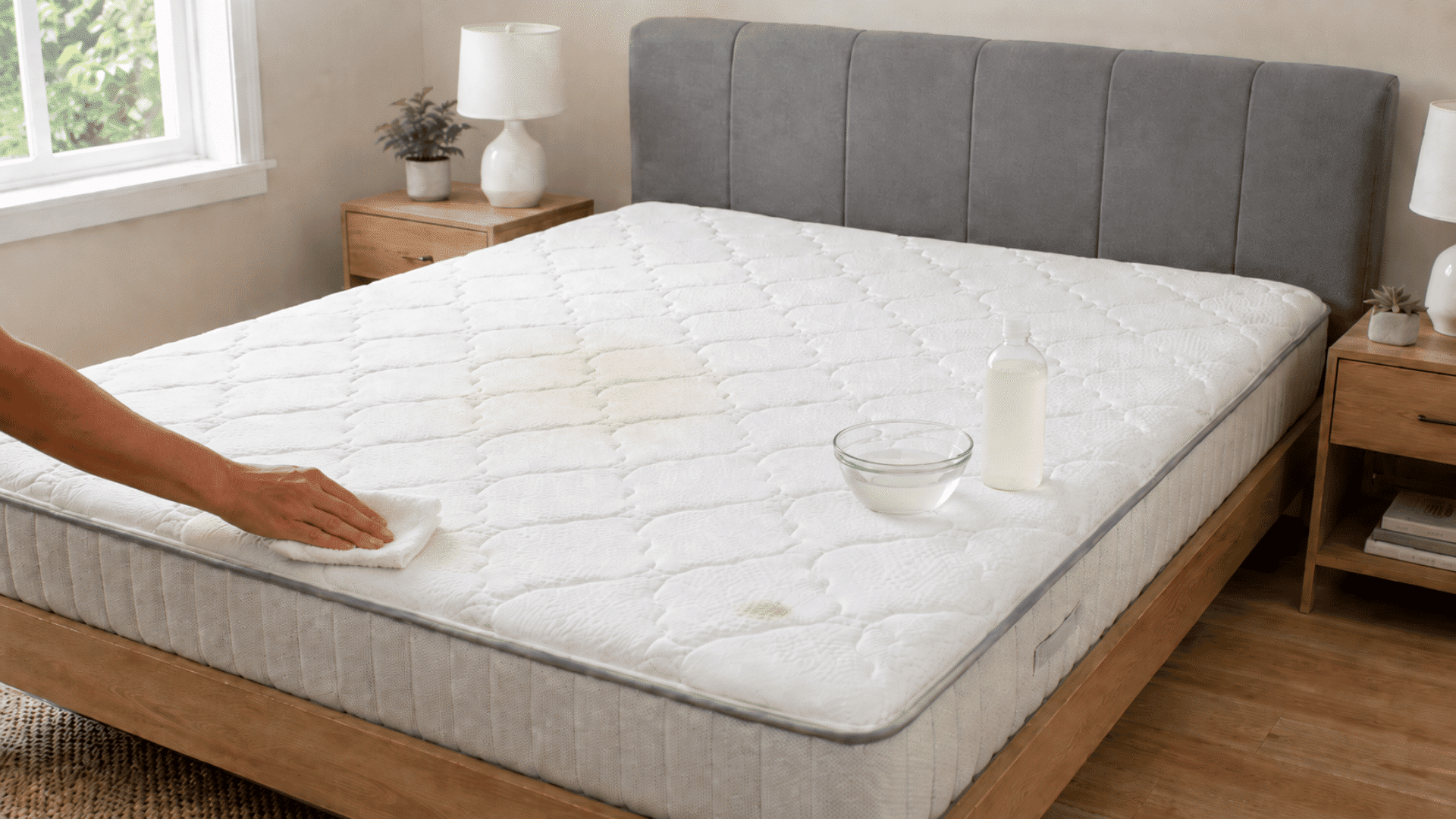 Hand blotting light mattress stains with a white cleaning cloth