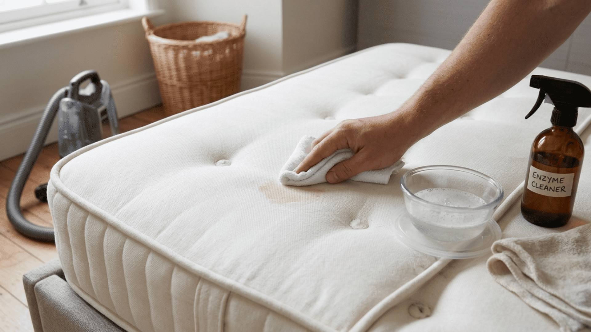 Person blotting a mattress stain with enzyme cleaner nearby.
