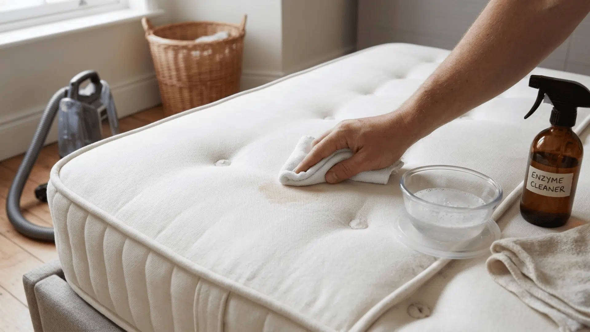 Person blotting a mattress stain with enzyme cleaner nearby.