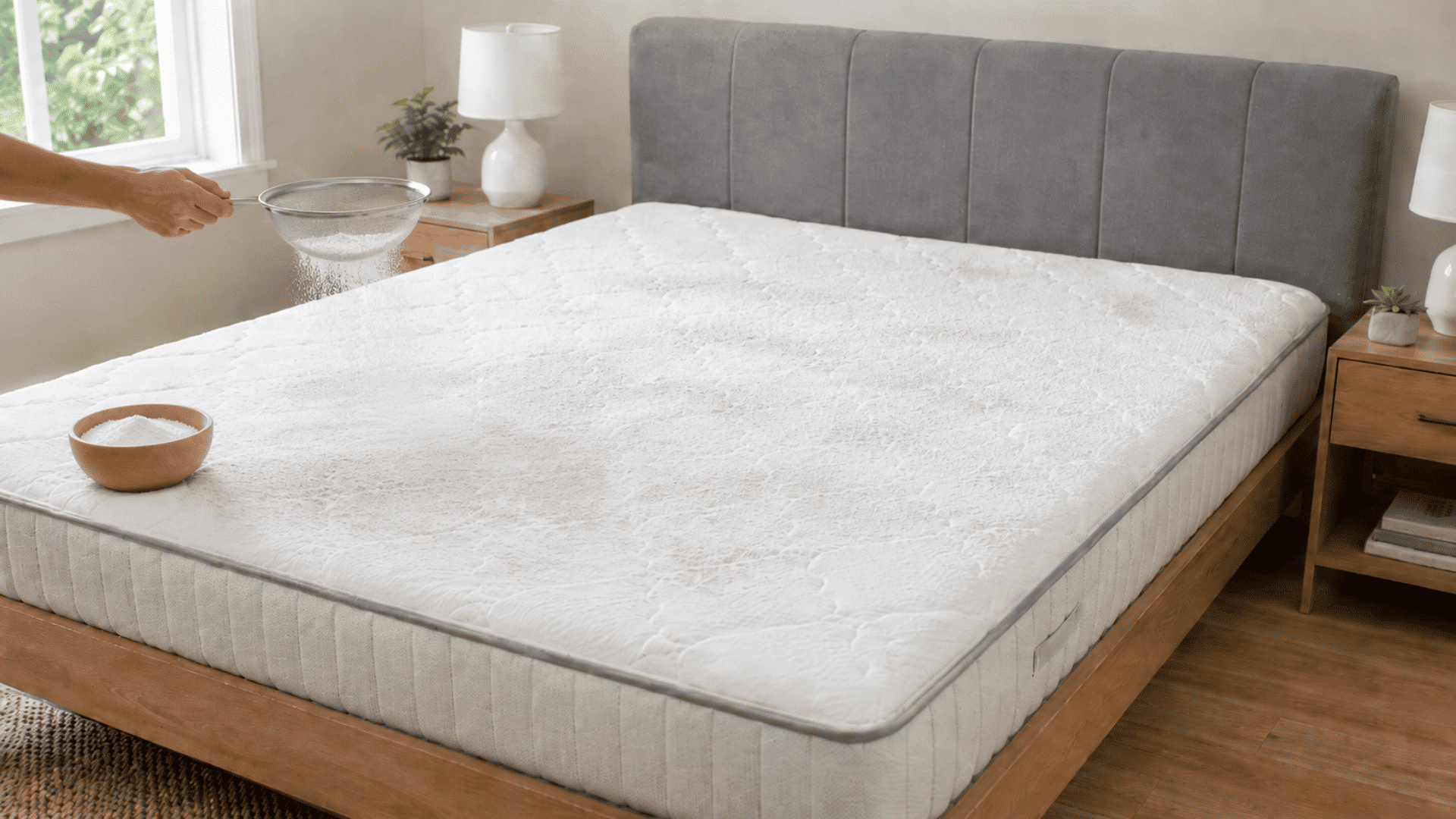 Baking soda being sprinkled evenly over a mattress with a sieve