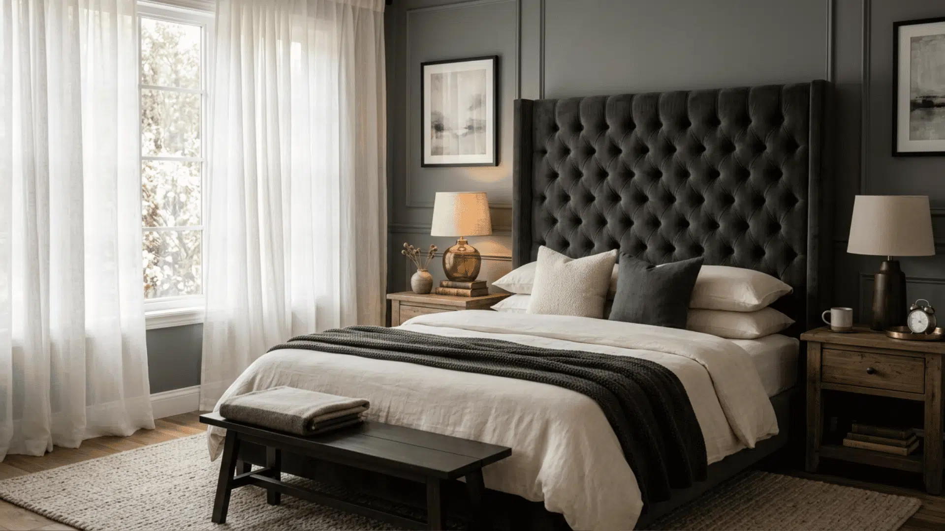 Tall tufted headboard in a soft moody bedroom
