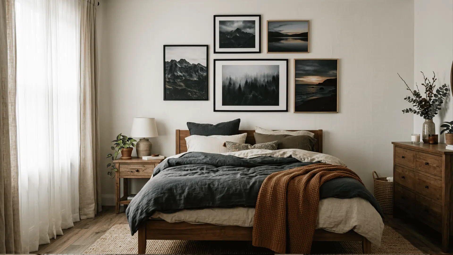 Moody wall art above a dark styled bed