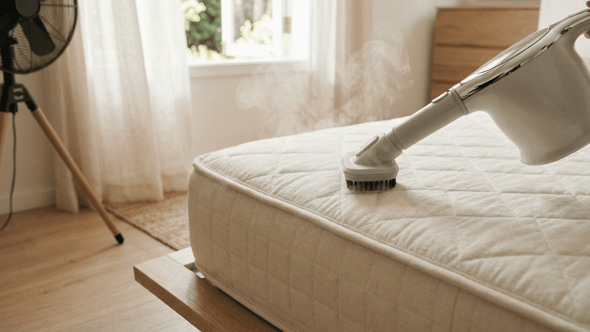 Steam cleaner passing over a mattress surface in sections