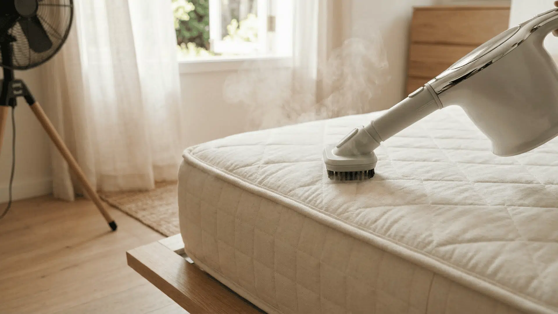 Steam cleaner passing over a mattress surface in sections