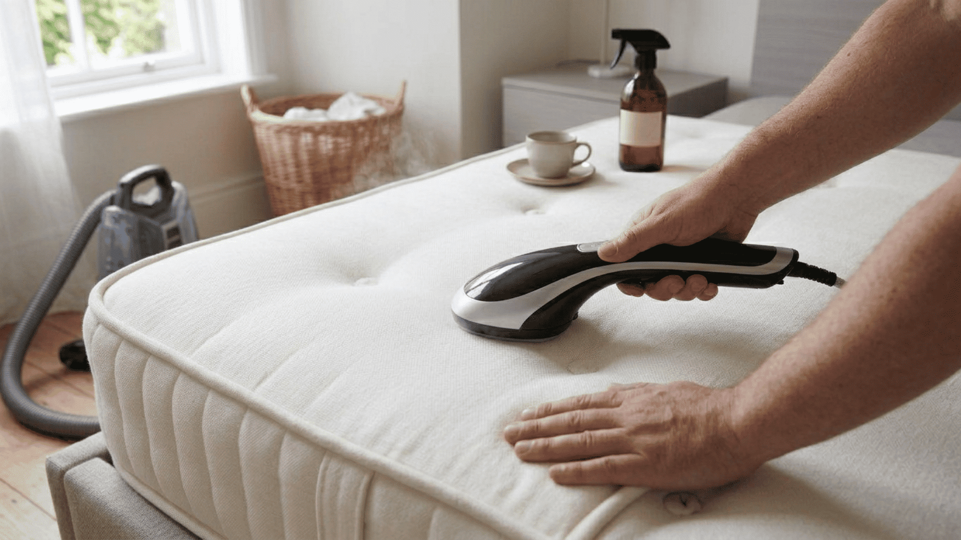 Person using a handheld steamer to sanitize a white mattress.