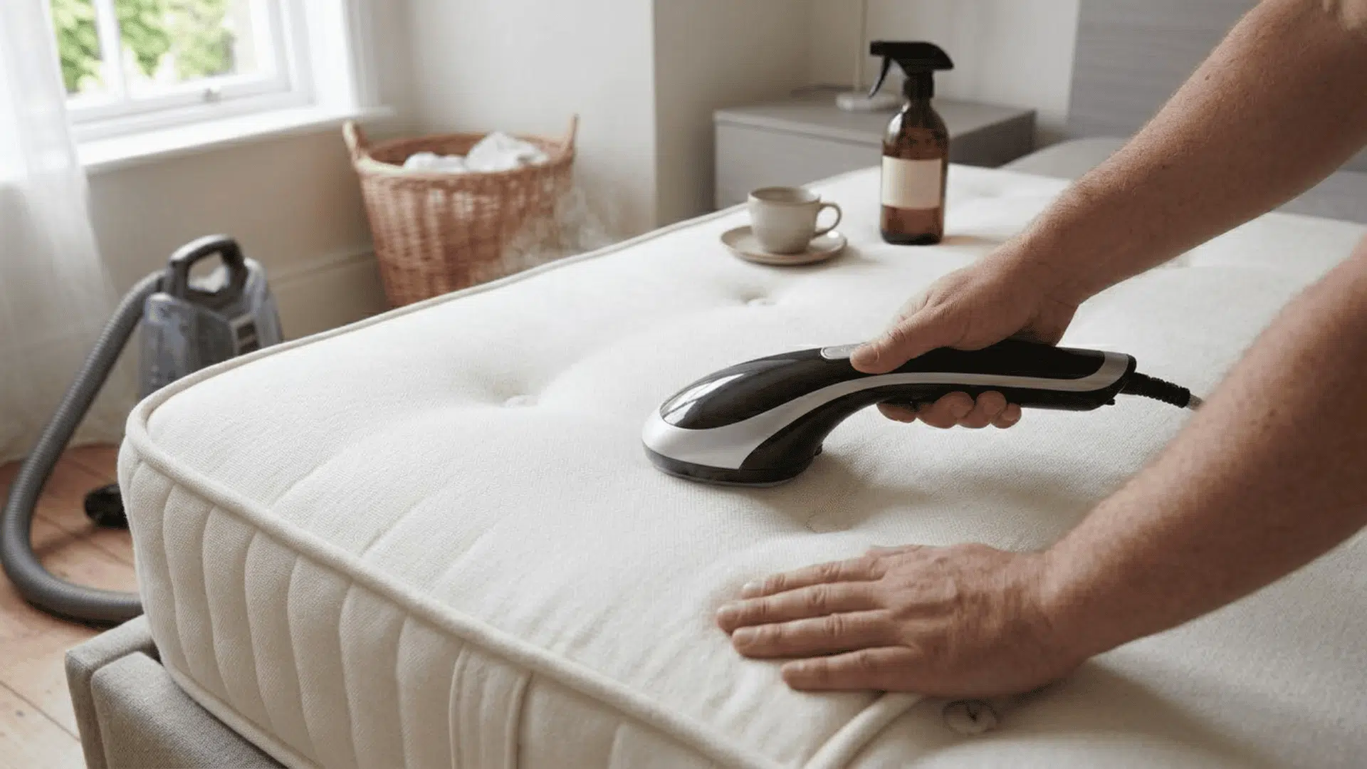Person using a handheld steamer to sanitize a white mattress.