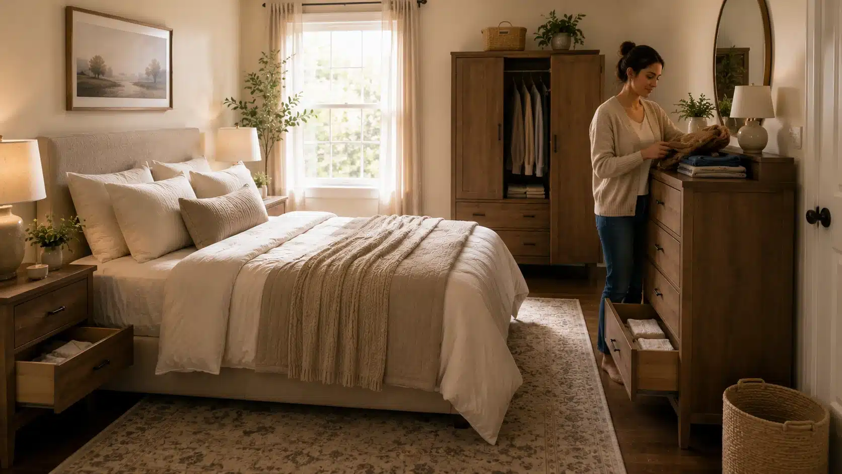 storage focused bedroom with bed tall dresser wardrobe open drawer clearance and practical layout