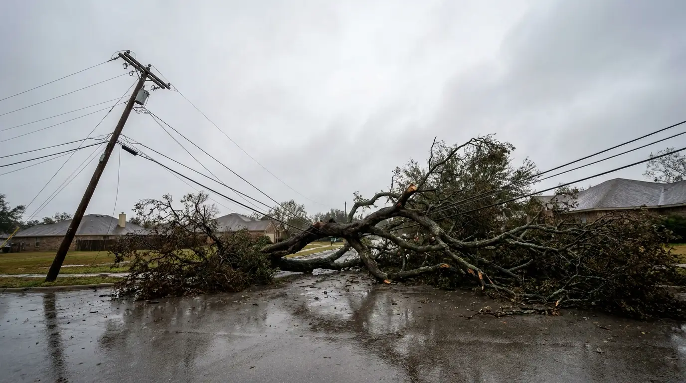 Fallen tree blocking a wet suburban road with overcast sky and leaning utility pole