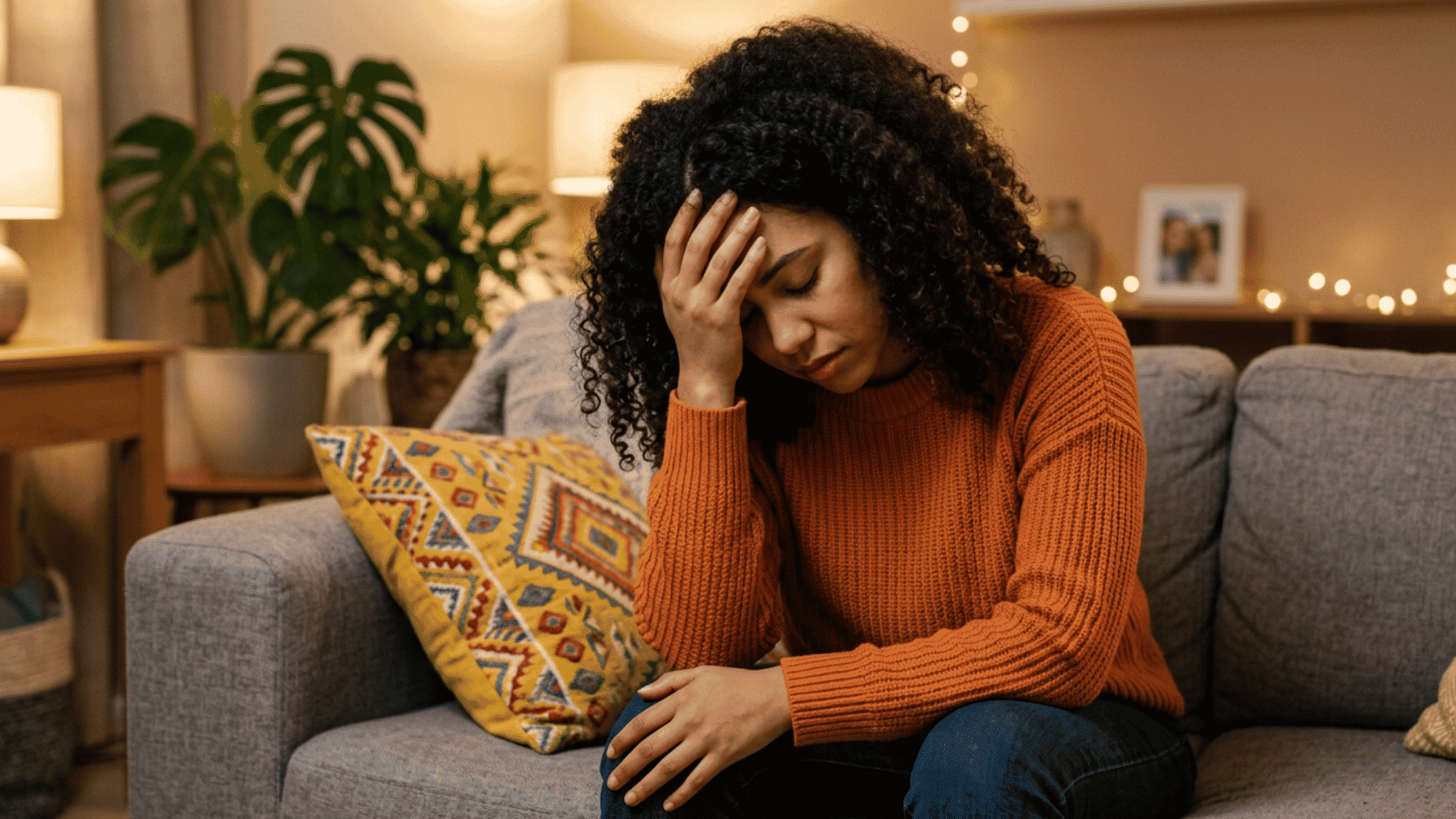 Person sitting on a couch with a stressed expression while experiencing emotional discomfort.
