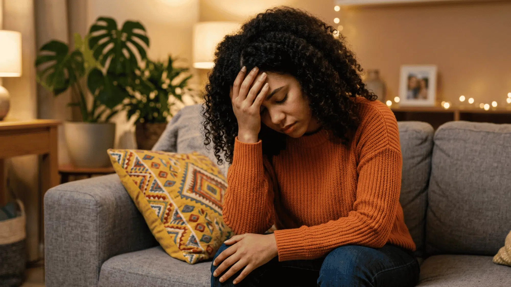 Person sitting on a couch with a stressed expression while experiencing emotional discomfort.