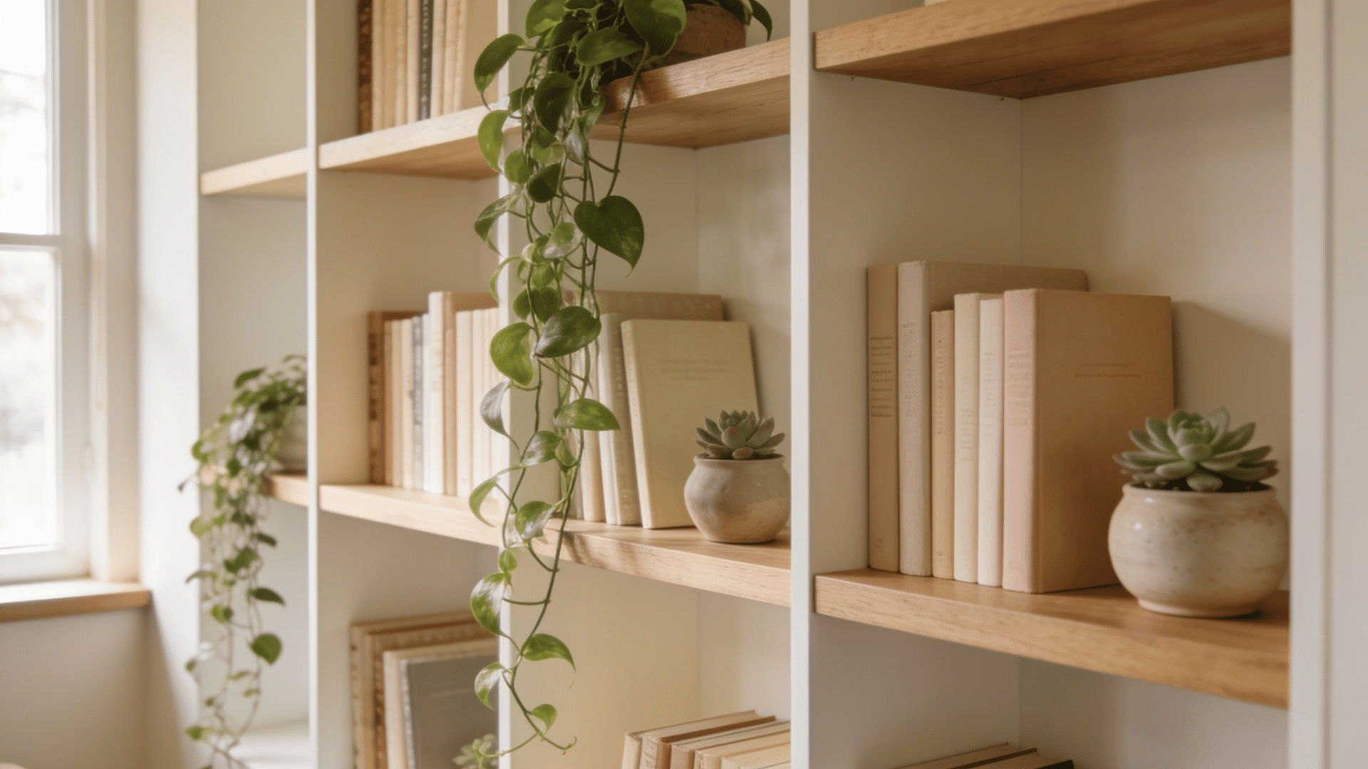 Books and houseplants arranged on open wooden shelves