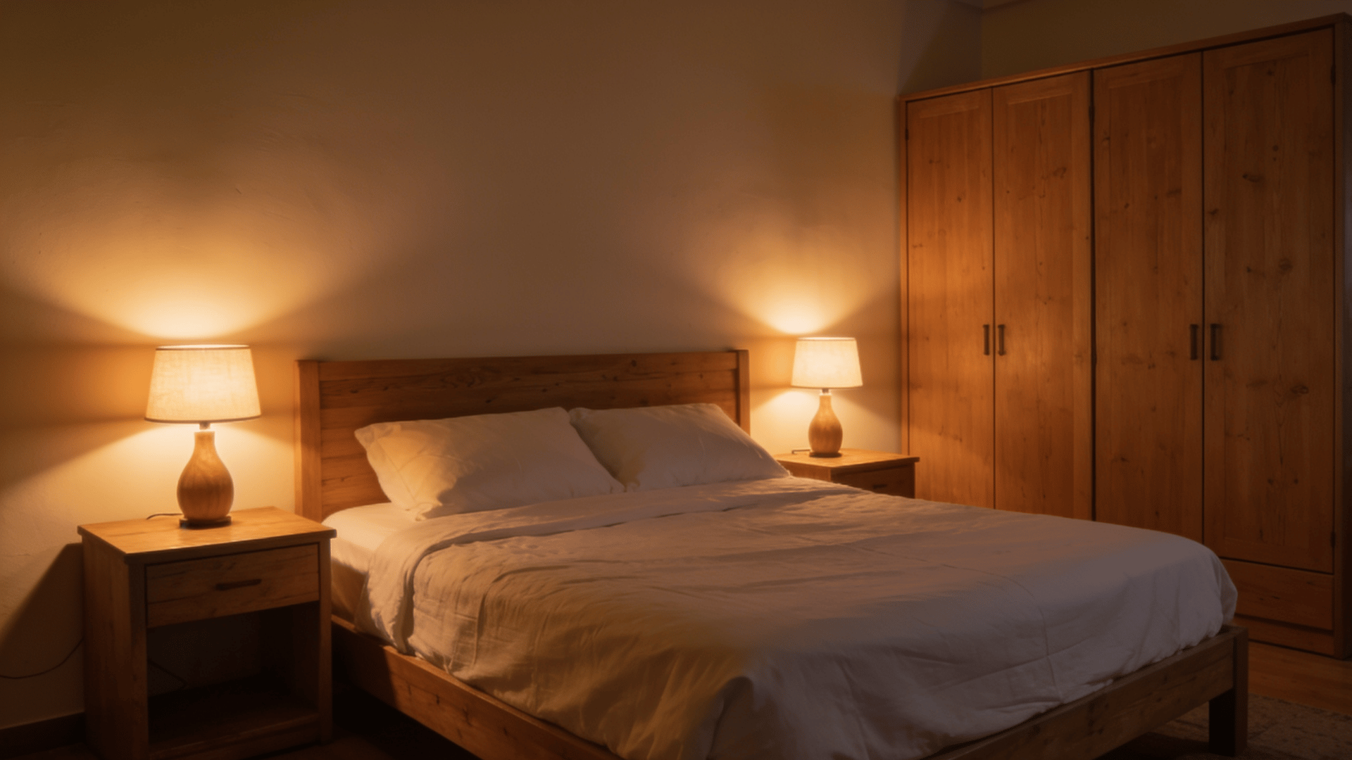 Warm bulbs cast soft glow across bedroom
