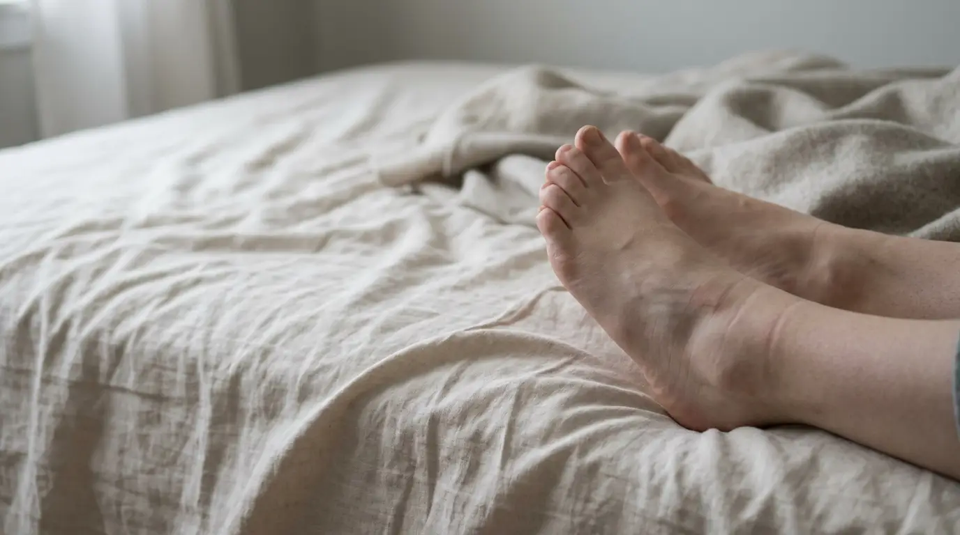 Bare feet resting on a beige linen bedspread in softly lit bedroom